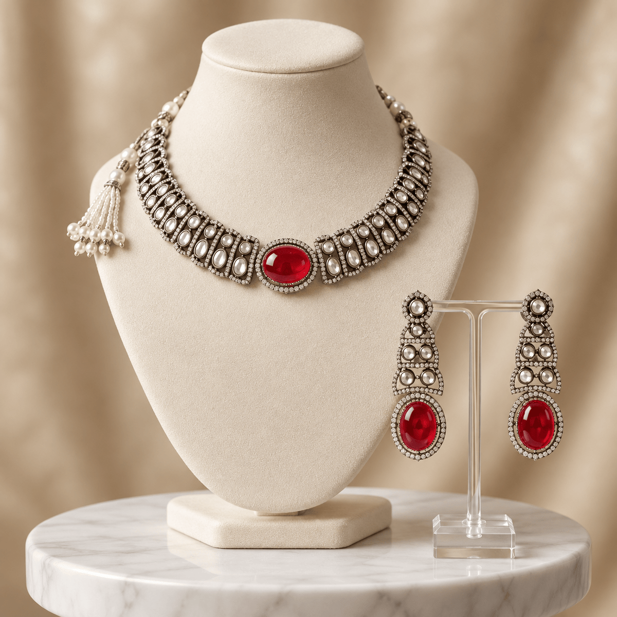 Bhavmayi gold-tone necklace set with green oval stones, white decorative accents and matching drop earrings - bhavmayi