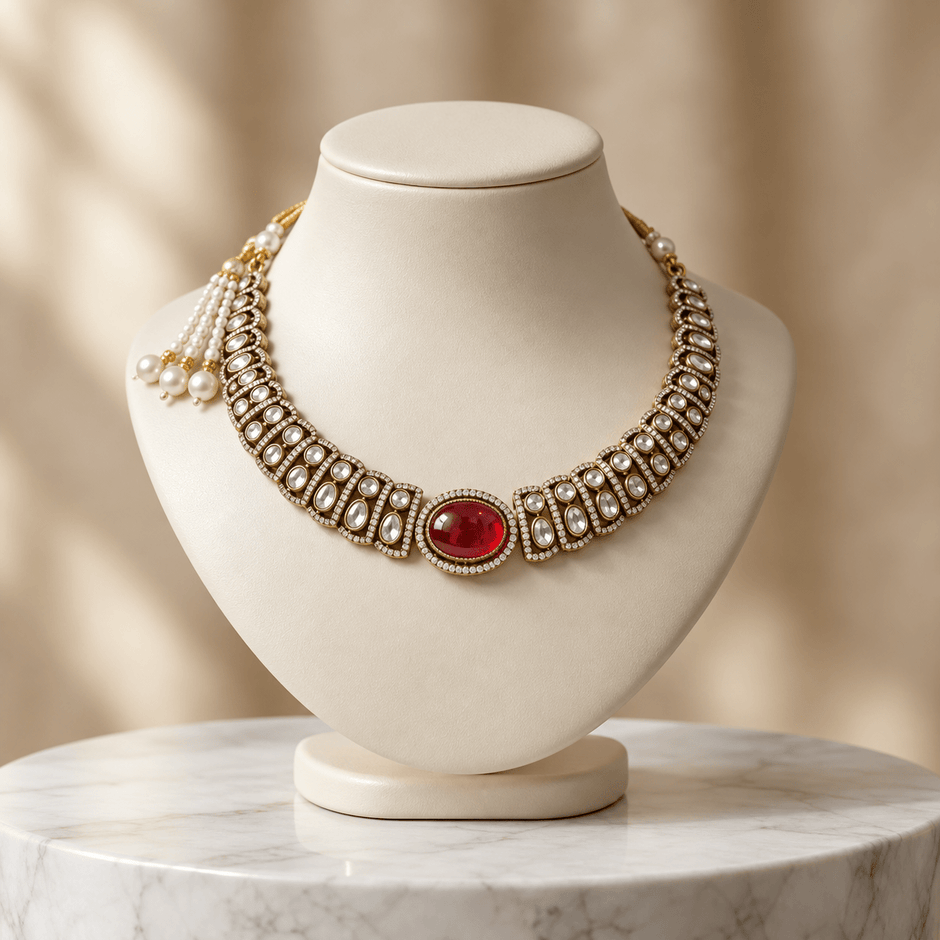 Bhavmayi gold-tone necklace set with green oval stones, white decorative accents and matching drop earrings - bhavmayi