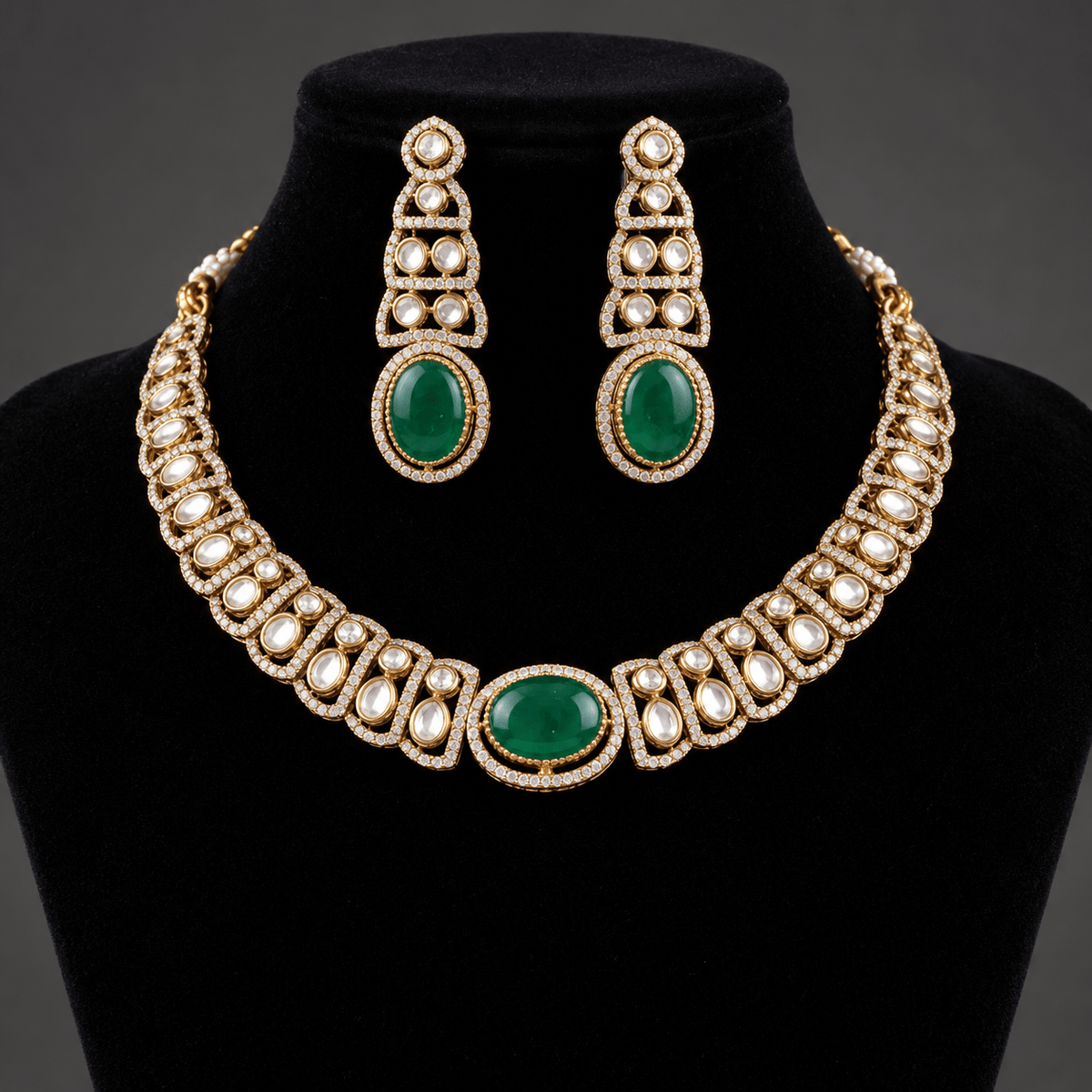 Bhavmayi gold-tone necklace set with green oval stones, white decorative accents and matching drop earrings - bhavmayi