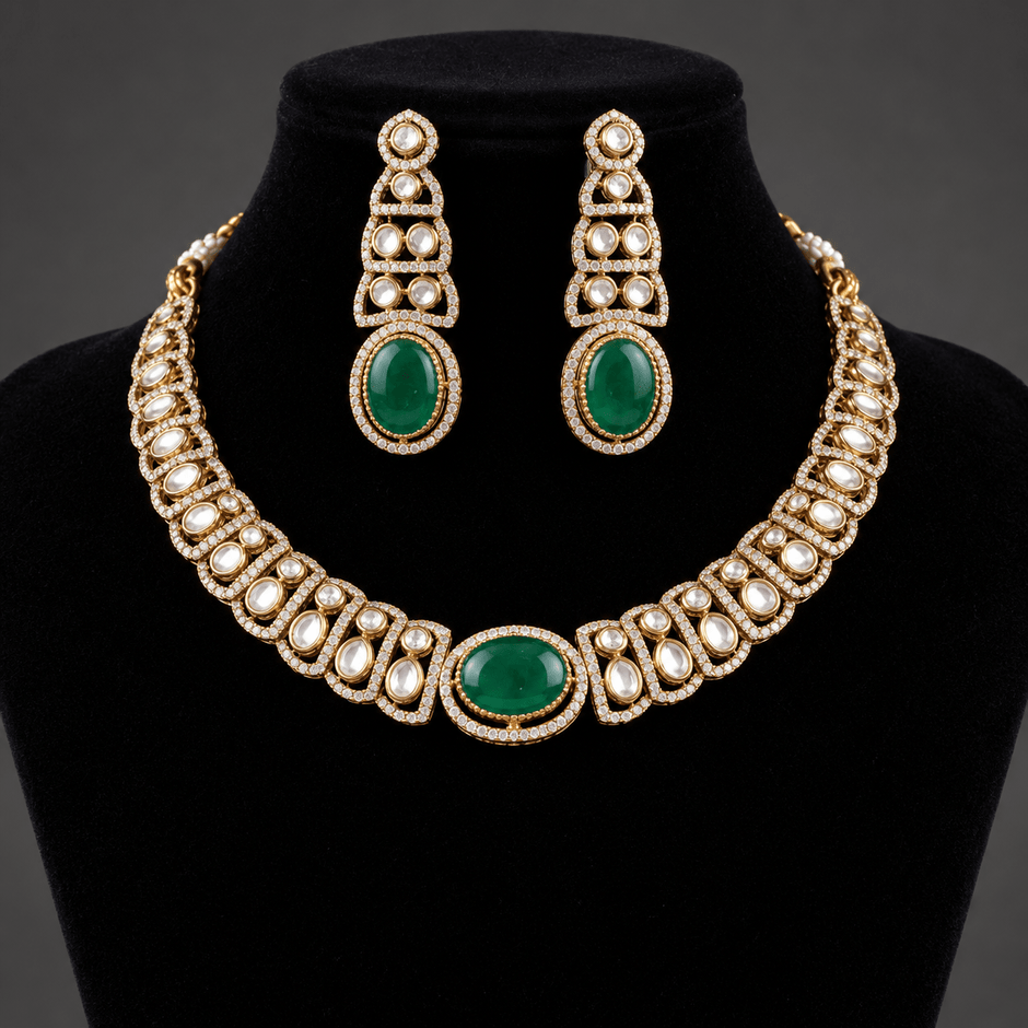Bhavmayi gold-tone necklace set with green oval stones, white decorative accents and matching drop earrings - bhavmayi