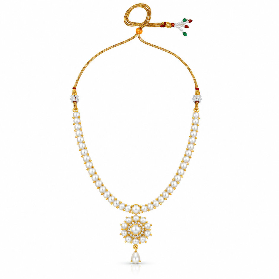 Bhavmayi gold-tone necklace set with white pearl-like beads, floral pendant and matching drop earrings - bhavmayi