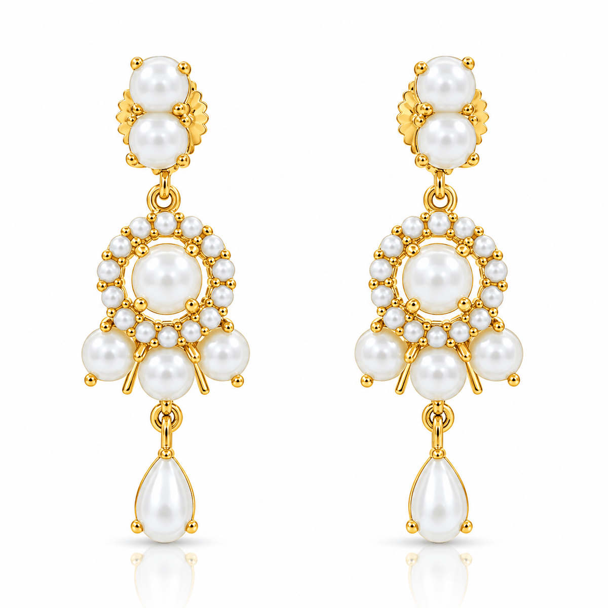 Bhavmayi gold-tone necklace set with white pearl-like beads, floral pendant and matching drop earrings - bhavmayi