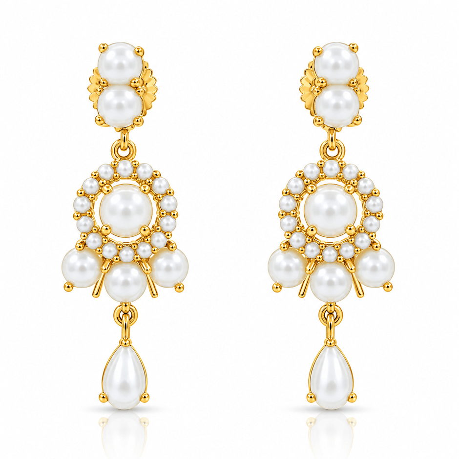 Bhavmayi gold-tone necklace set with white pearl-like beads, floral pendant and matching drop earrings - bhavmayi