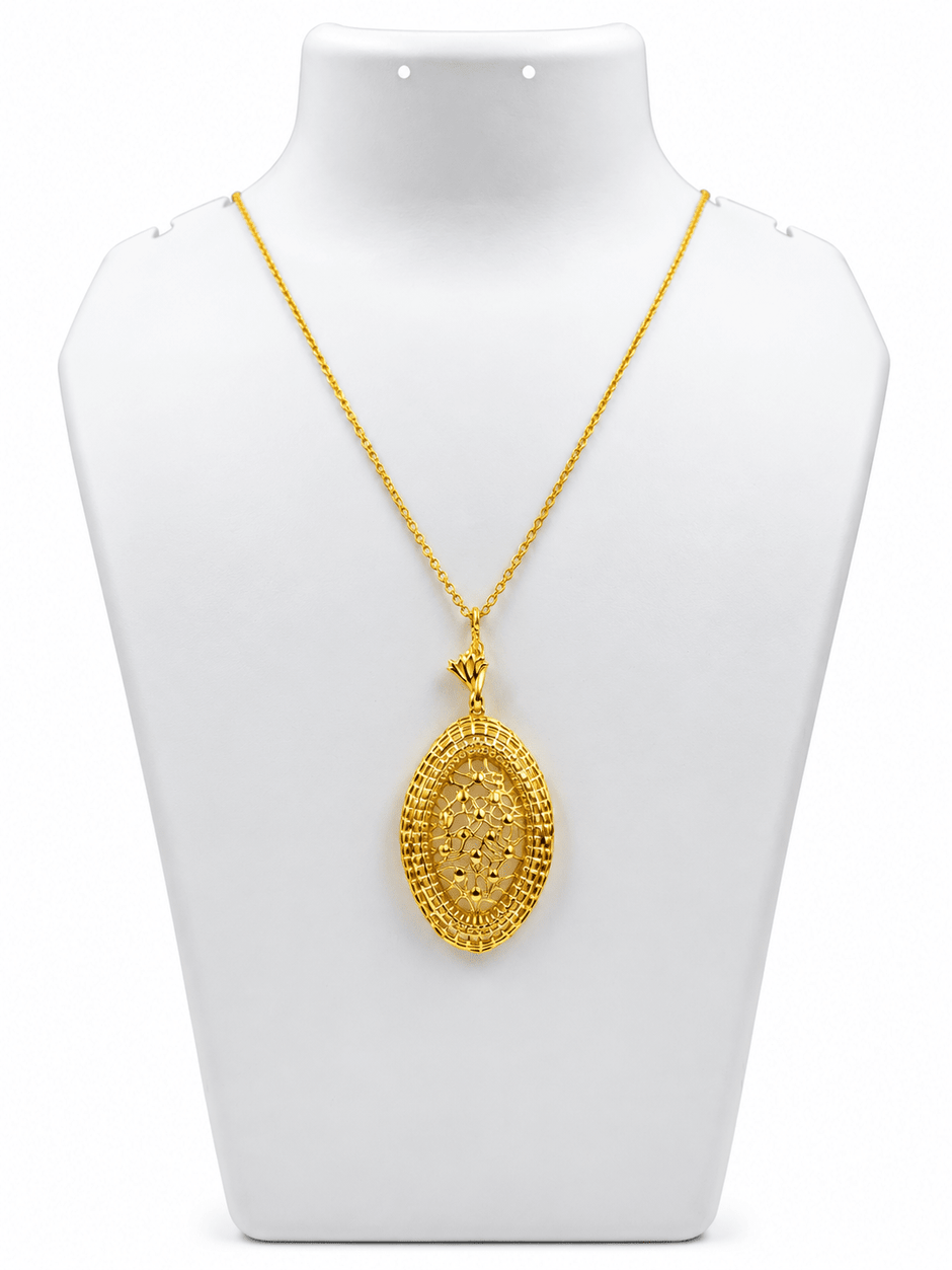 Bhavmayi gold-tone oval necklace and matching earrings with intricate floral and geometric medallion detailing - bhavmayi