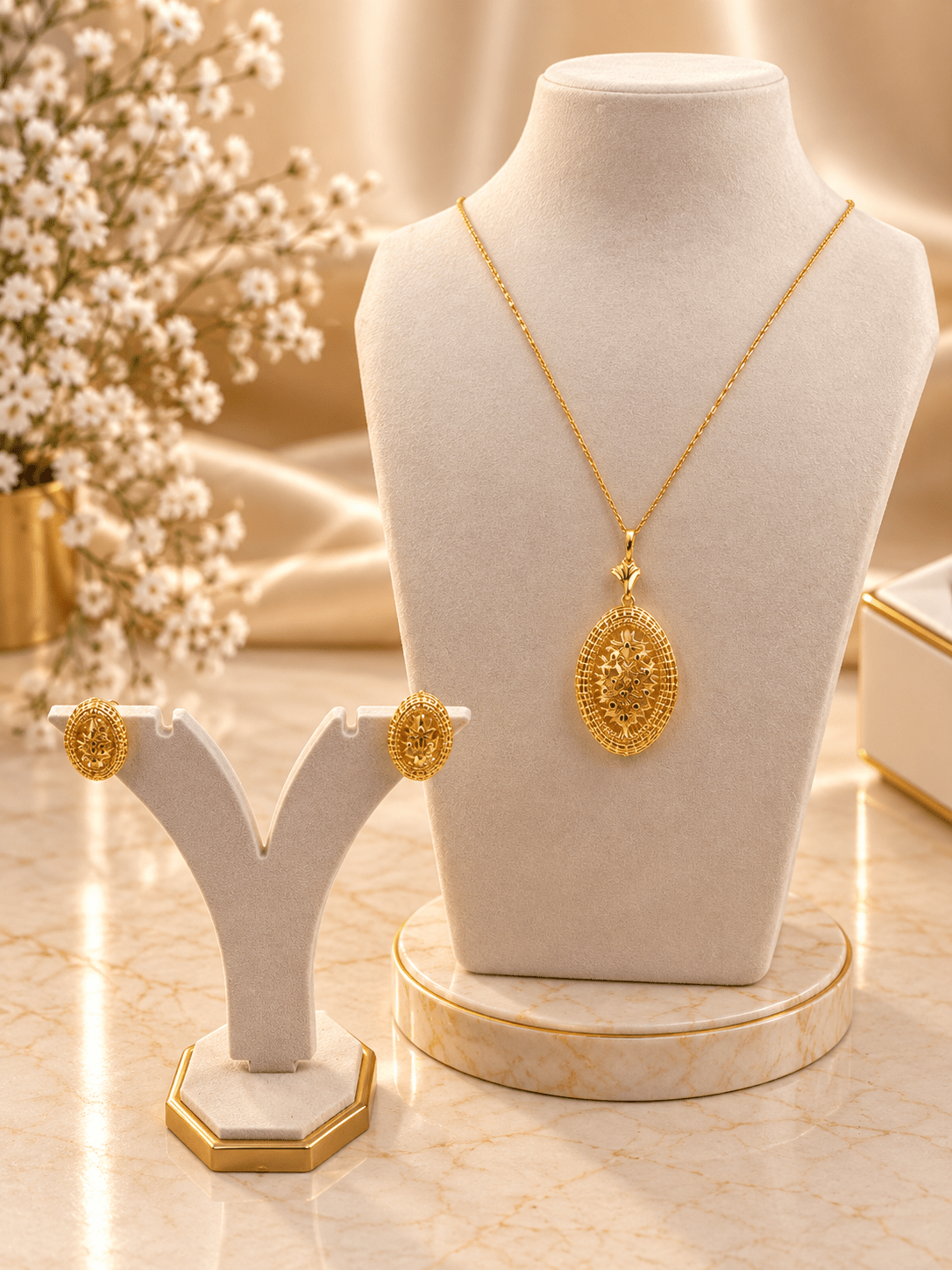 Bhavmayi gold-tone oval necklace and matching earrings with intricate floral and geometric medallion detailing - bhavmayi