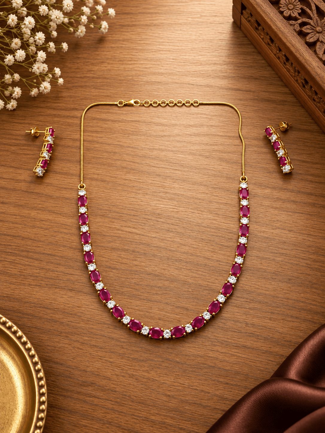 Bhavmayi Gold-Tone Ruby & Crystal Necklace and Earrings Set - bhavmayi
