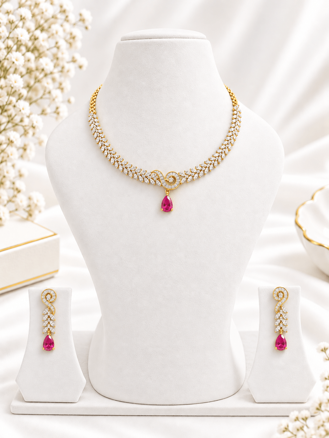 Bhavmayi Gold-Tone Ruby & Crystal Necklace and Earrings Set - bhavmayi