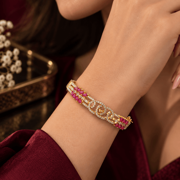 Bhavmayi Gold-Tone Ruby & CZ Floral Designer Bangle - bhavmayi