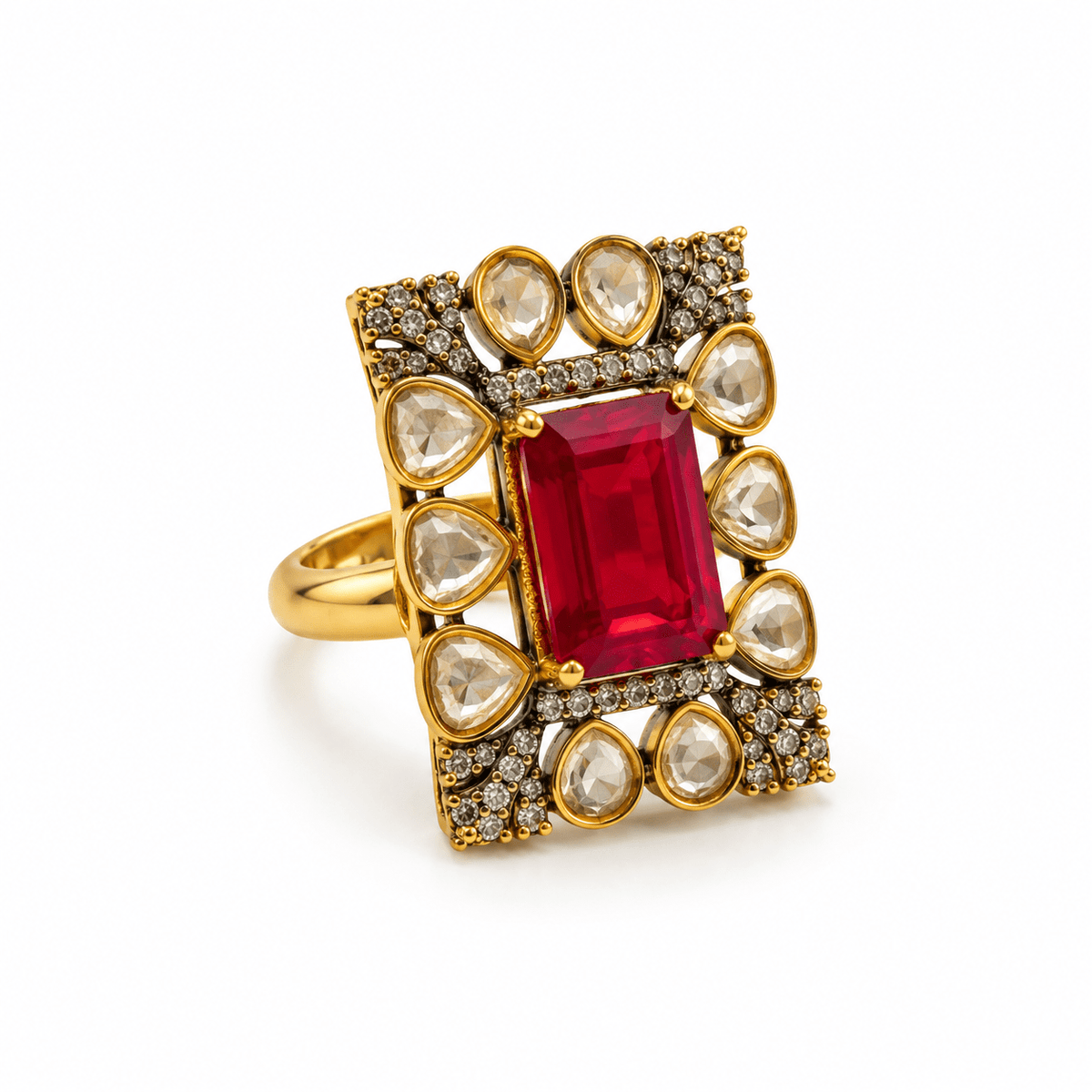Bhavmayi gold-tone statement ring with rectangular ruby red crystal and clear teardrop stones - bhavmayi