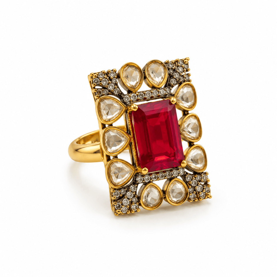 Bhavmayi gold-tone statement ring with rectangular ruby red crystal and clear teardrop stones - bhavmayi