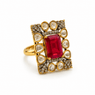 Bhavmayi gold-tone statement ring with rectangular ruby red crystal and clear teardrop stones - bhavmayi