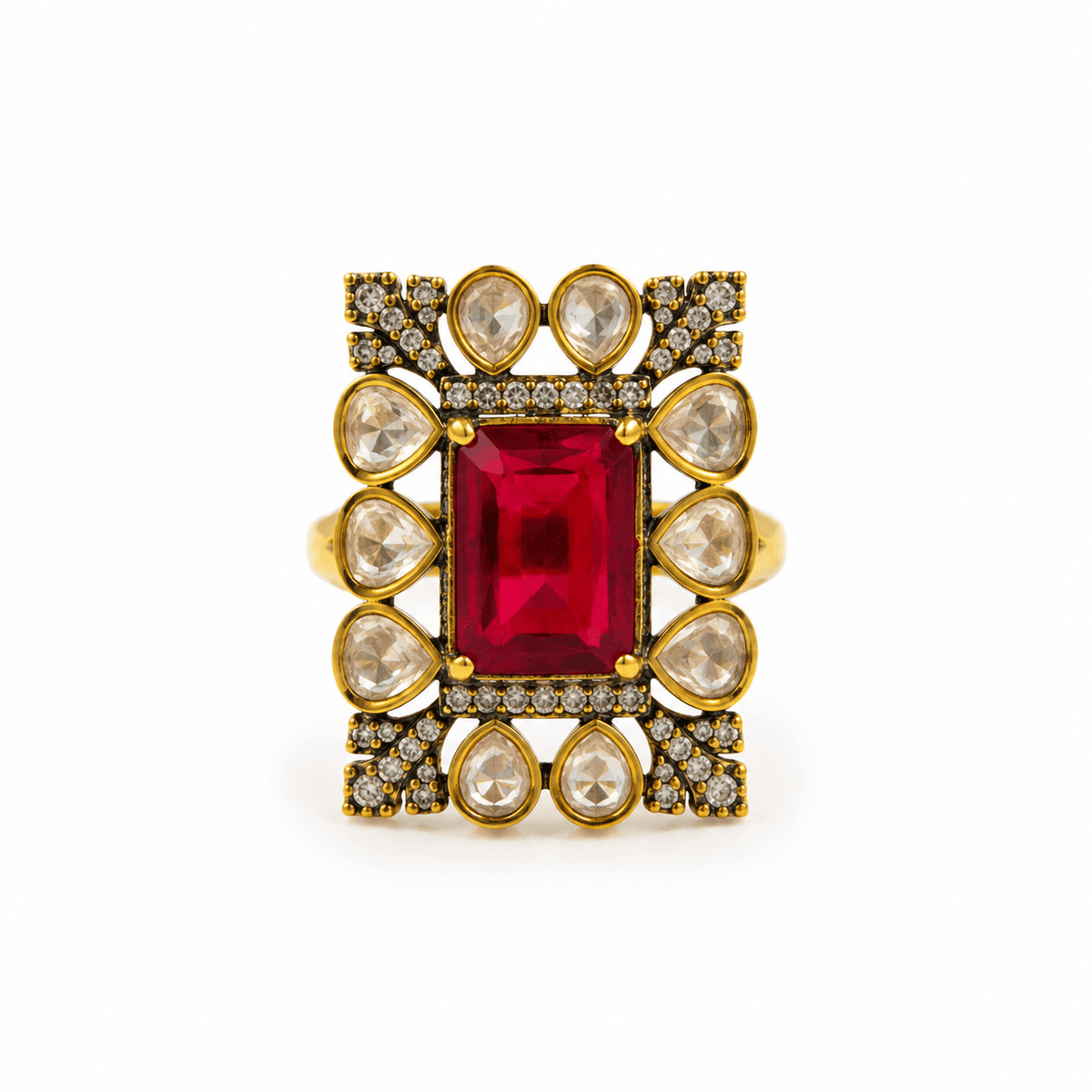 Bhavmayi gold-tone statement ring with rectangular ruby red crystal and clear teardrop stones - bhavmayi
