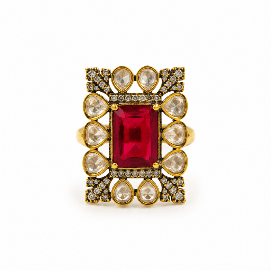 Bhavmayi gold-tone statement ring with rectangular ruby red crystal and clear teardrop stones - bhavmayi