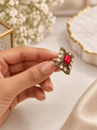 Bhavmayi gold-tone statement ring with rectangular ruby red crystal and clear teardrop stones - bhavmayi