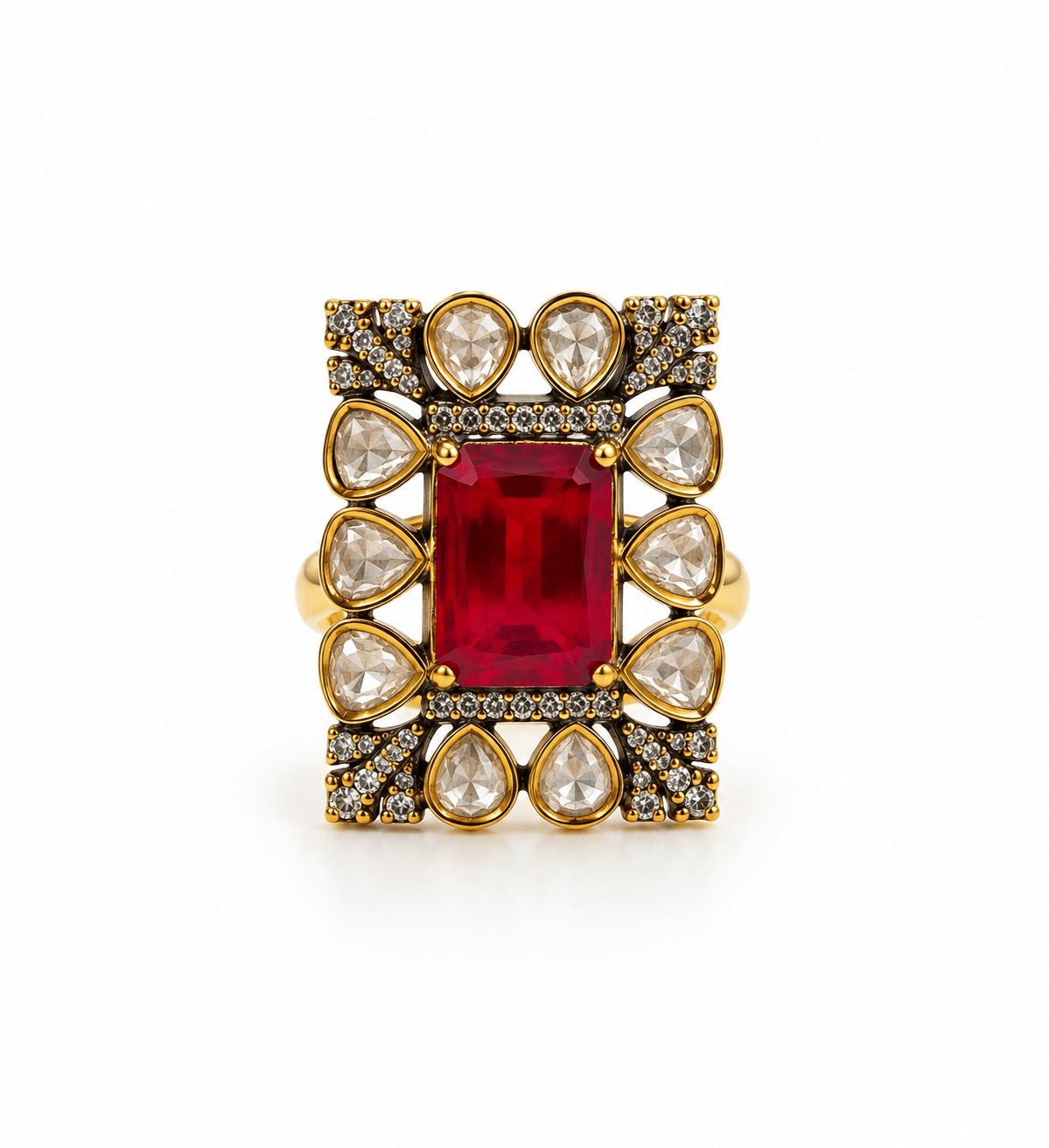 Bhavmayi gold-tone statement ring with rectangular ruby red crystal and clear teardrop stones - bhavmayi