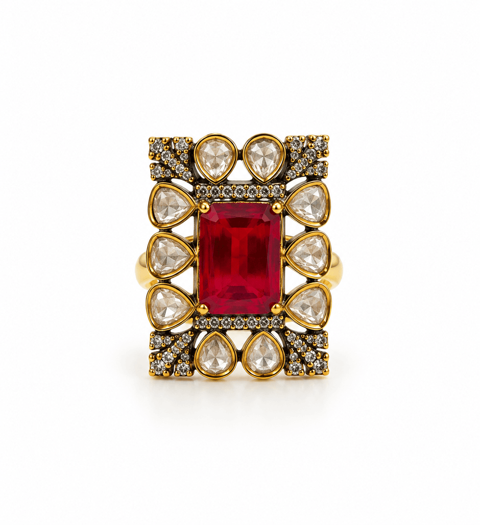 Bhavmayi gold-tone statement ring with rectangular ruby red crystal and clear teardrop stones - bhavmayi