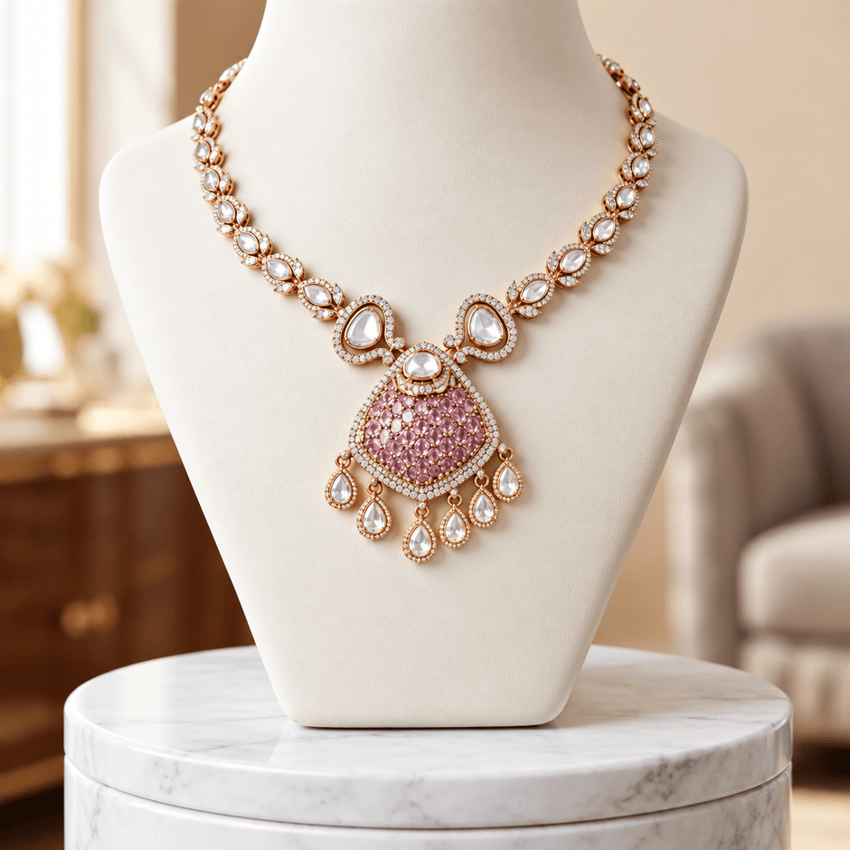 Bhavmayi gold-tone teardrop necklace and matching earrings shown with pink and green centre accent variations - bhavmayi