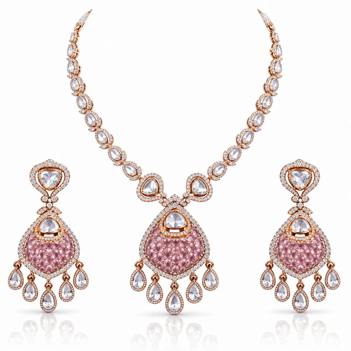 Bhavmayi gold-tone teardrop necklace and matching earrings shown with pink and green centre accent variations - bhavmayi