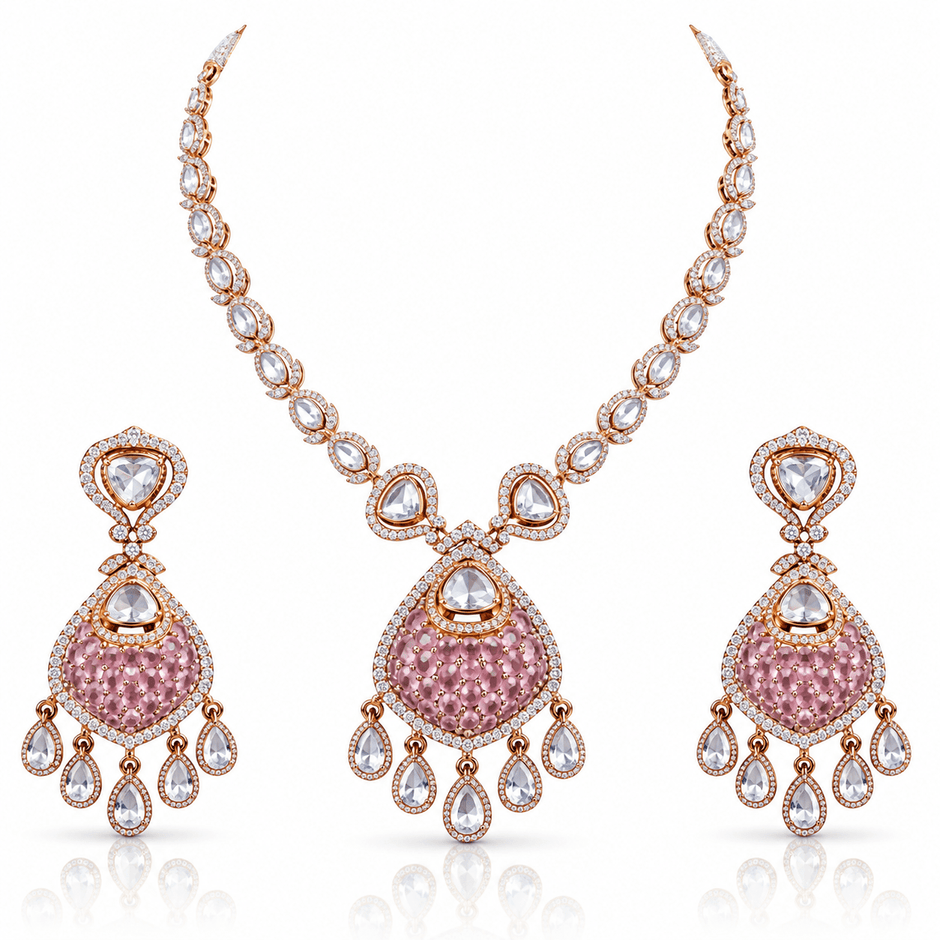 Bhavmayi gold-tone teardrop necklace and matching earrings shown with pink and green centre accent variations - bhavmayi