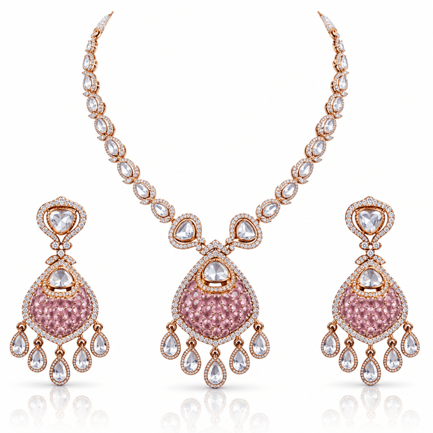 Bhavmayi gold-tone teardrop necklace and matching earrings shown with pink and green centre accent variations - bhavmayi
