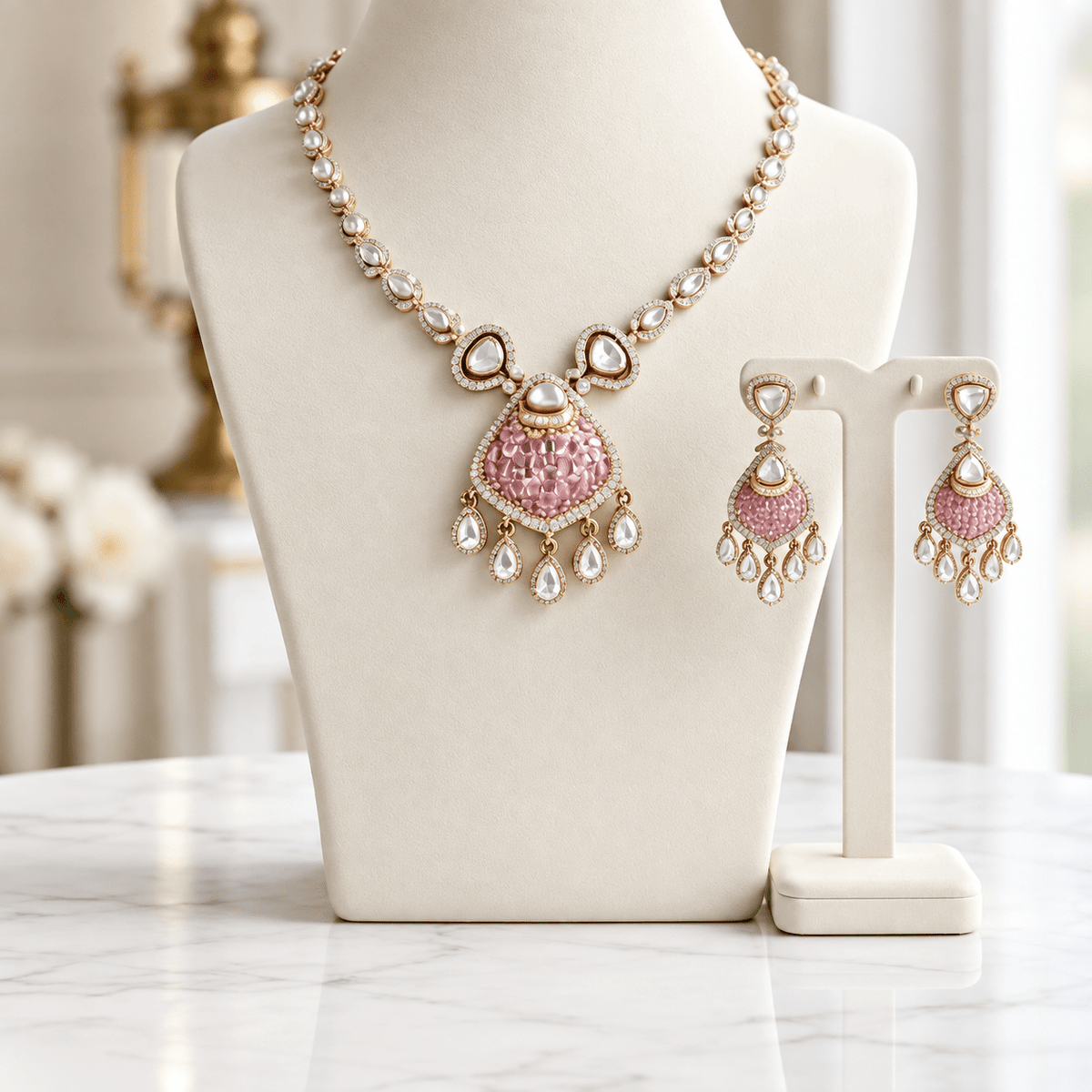 Bhavmayi gold-tone teardrop necklace and matching earrings shown with pink and green centre accent variations - bhavmayi