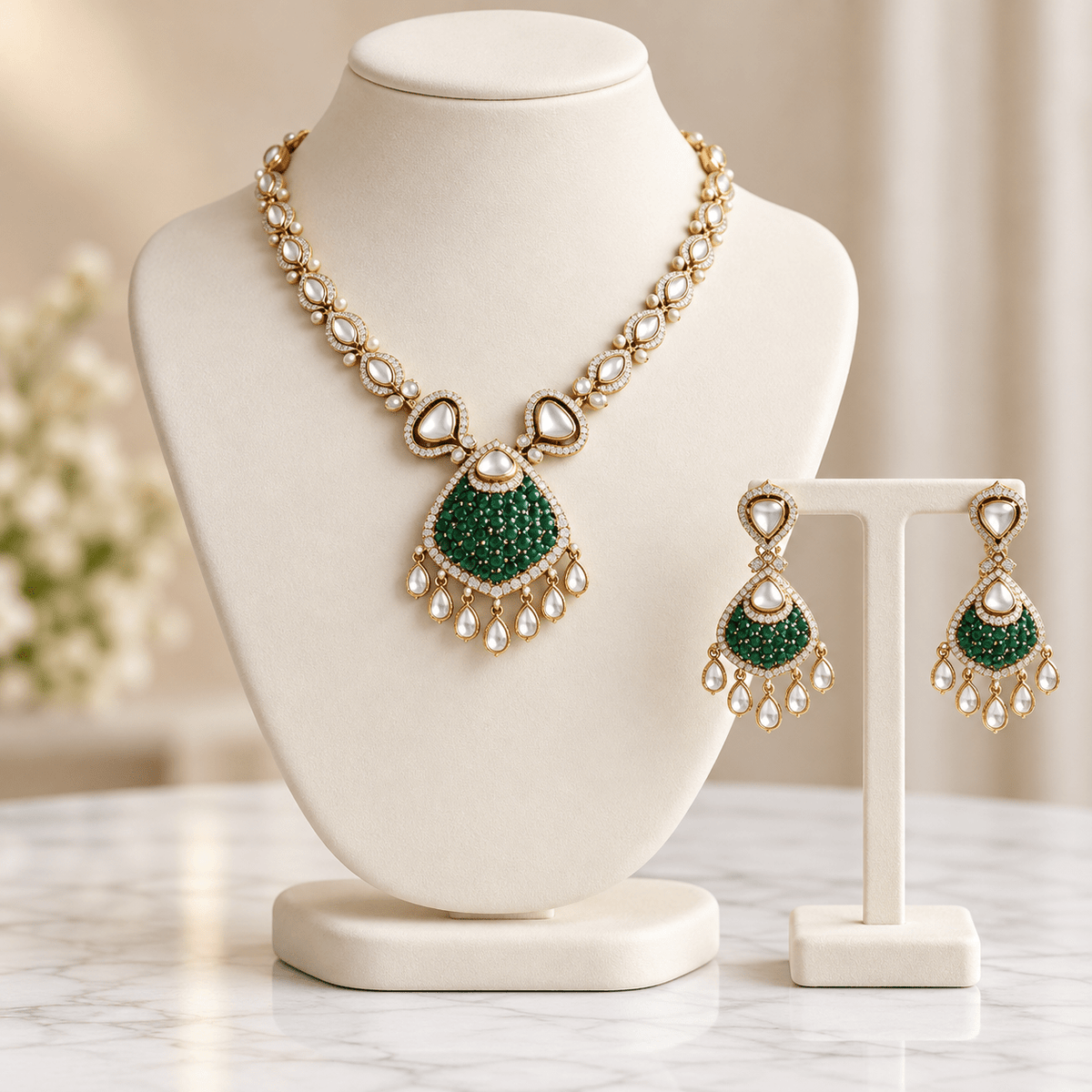 Bhavmayi gold-tone teardrop necklace and matching earrings shown with pink and green centre accent variations - bhavmayi