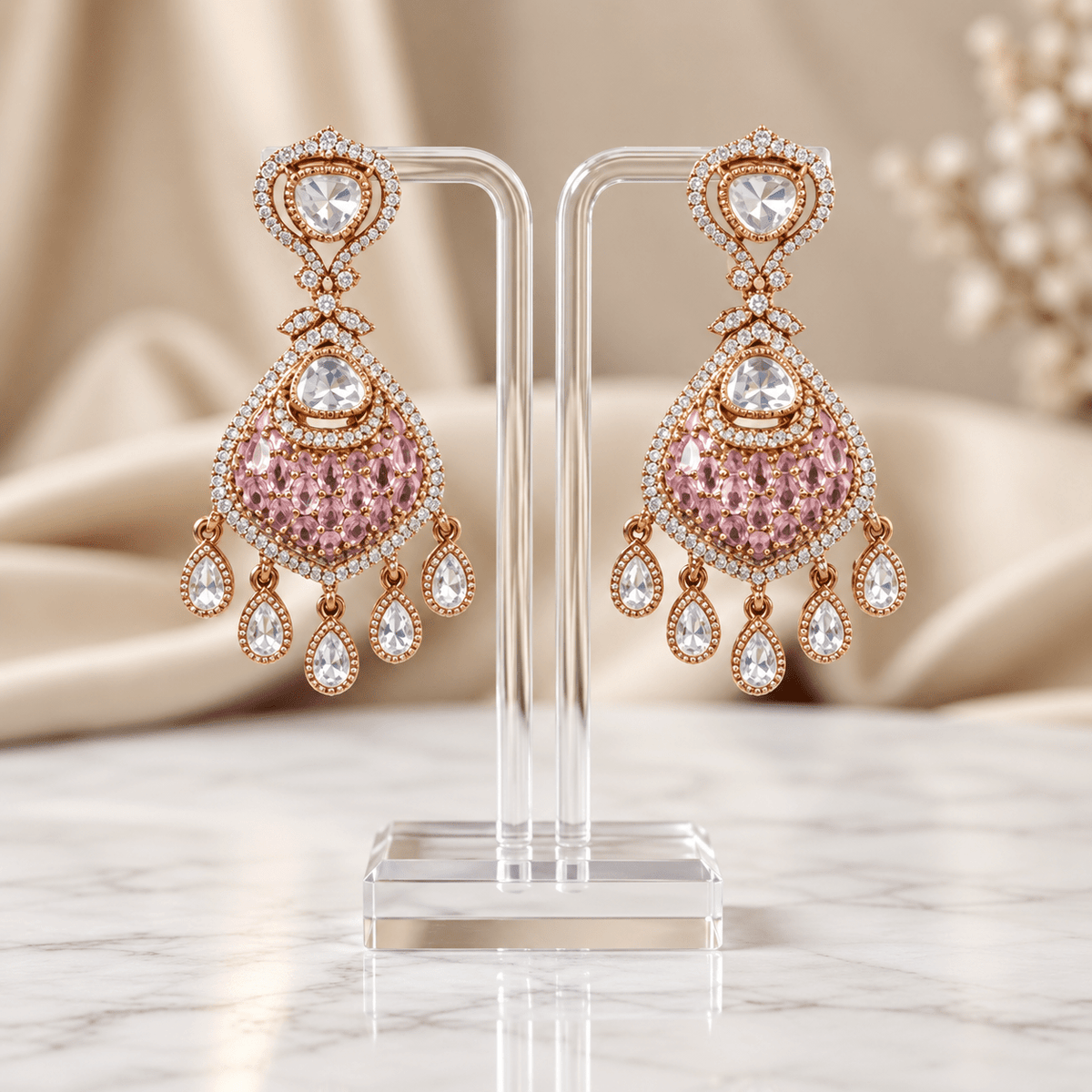 Bhavmayi gold-tone teardrop necklace and matching earrings shown with pink and green centre accent variations - bhavmayi