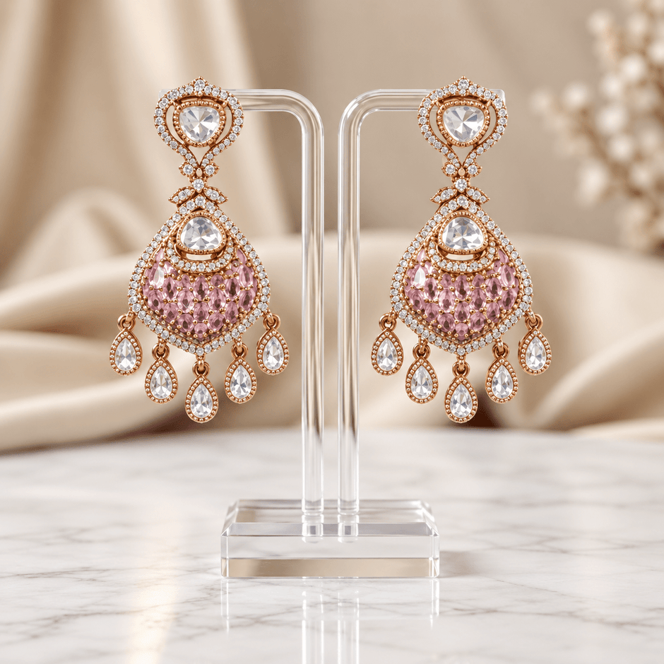 Bhavmayi gold-tone teardrop necklace and matching earrings shown with pink and green centre accent variations - bhavmayi