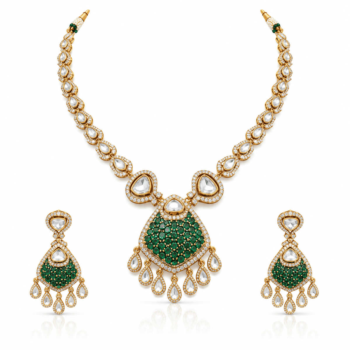 Bhavmayi gold-tone teardrop necklace and matching earrings shown with pink and green centre accent variations - bhavmayi