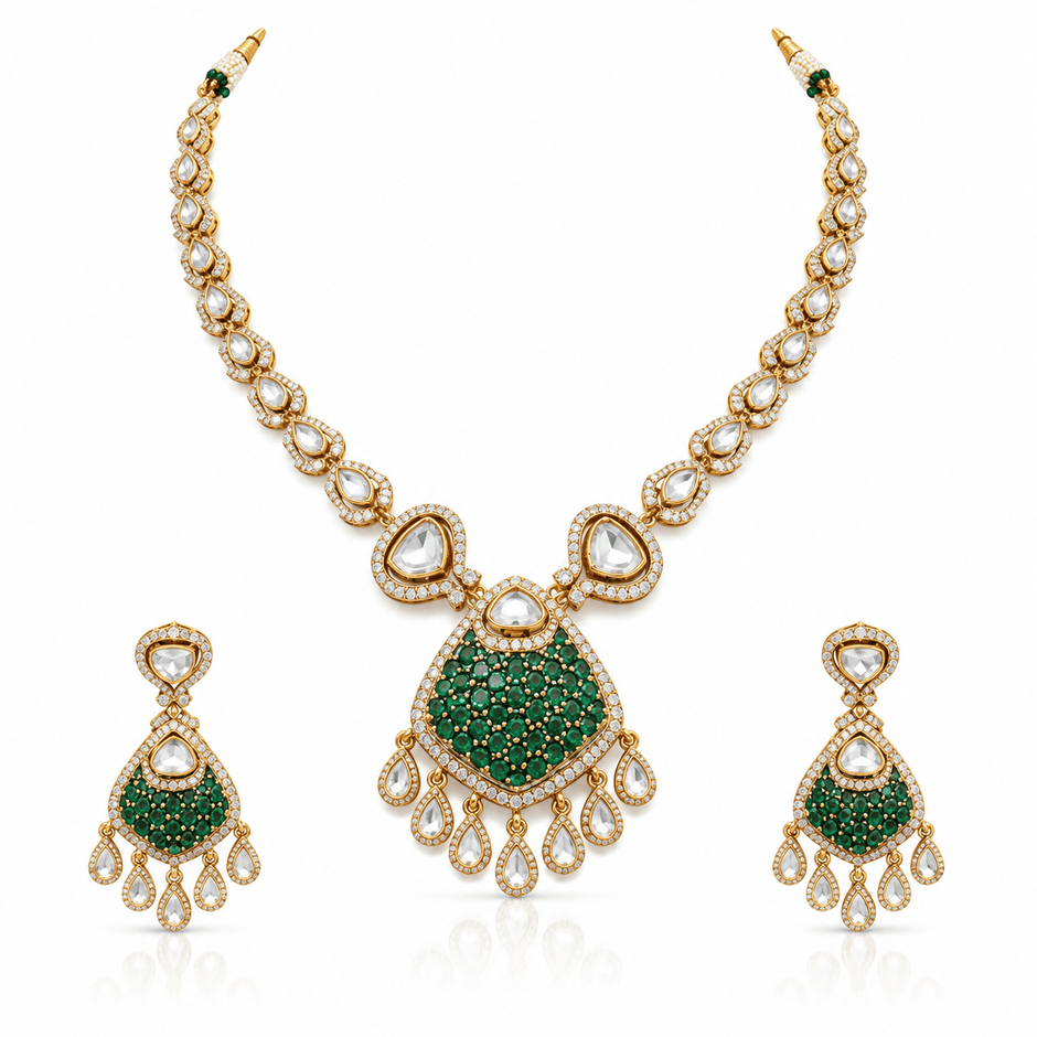 Bhavmayi gold-tone teardrop necklace and matching earrings shown with pink and green centre accent variations - bhavmayi