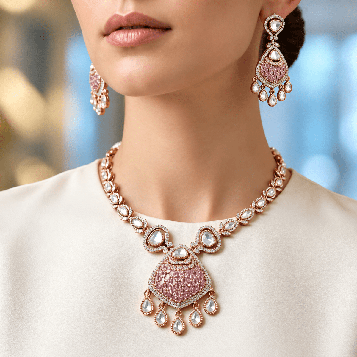 Bhavmayi gold-tone teardrop necklace and matching earrings shown with pink and green centre accent variations - bhavmayi