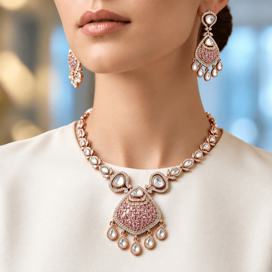 Bhavmayi gold-tone teardrop necklace and matching earrings shown with pink and green centre accent variations - bhavmayi