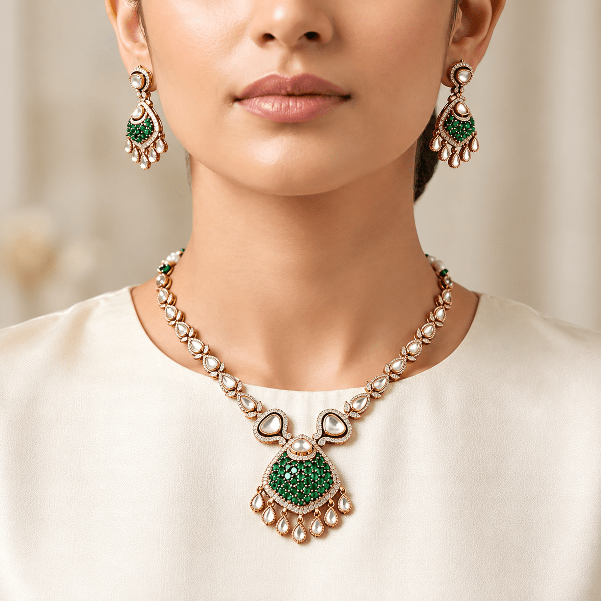 Bhavmayi gold-tone teardrop necklace and matching earrings shown with pink and green centre accent variations - bhavmayi