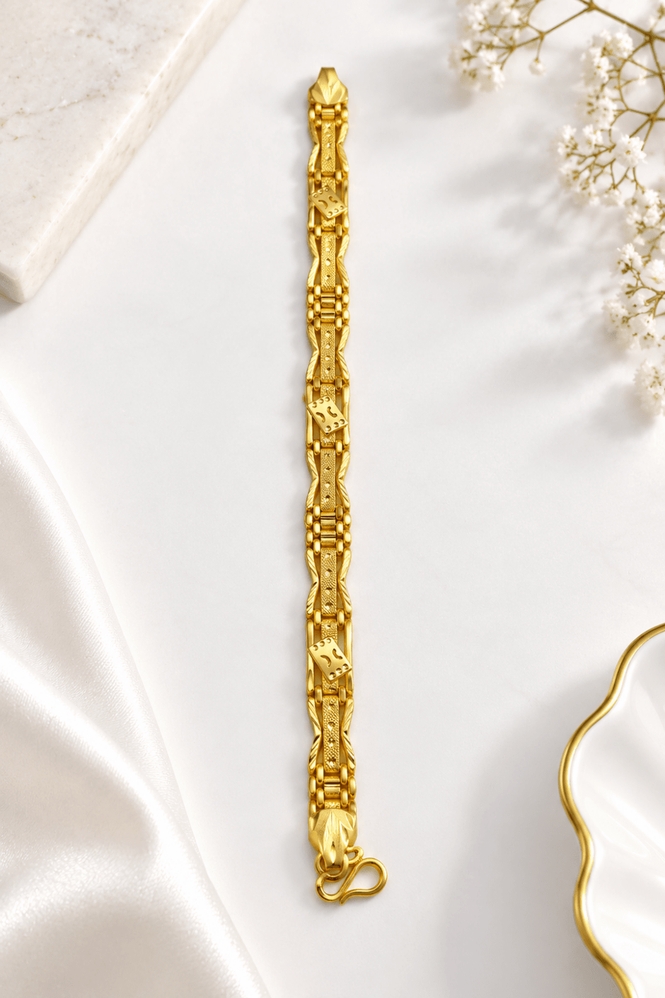 Bhavmayi gold-tone textured link bracelet for men with geometric decorative accents - bhavmayi