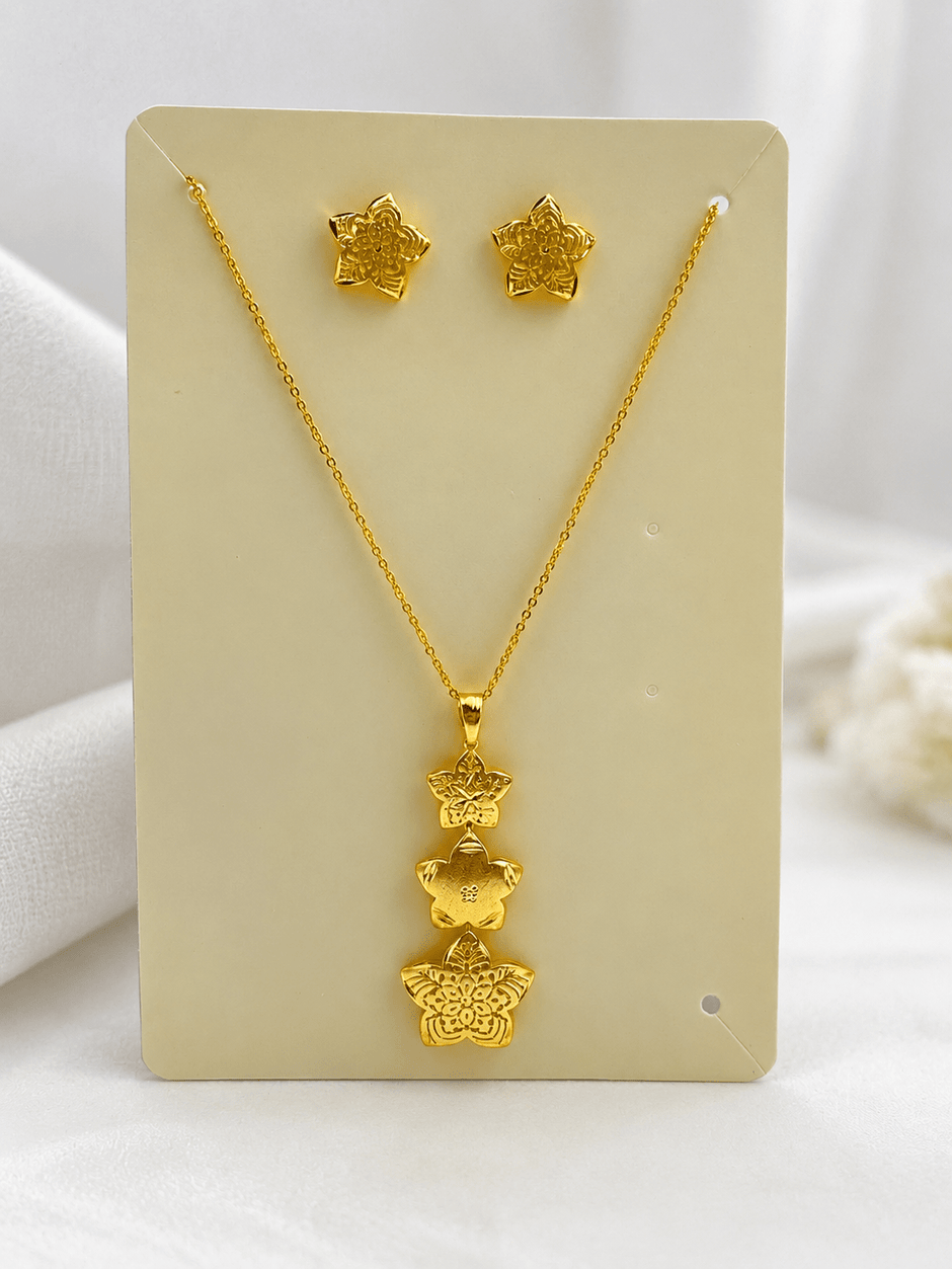 Bhavmayi Gold-Tone Three-Flower Pendant Necklace & Stud Earring Set - bhavmayi