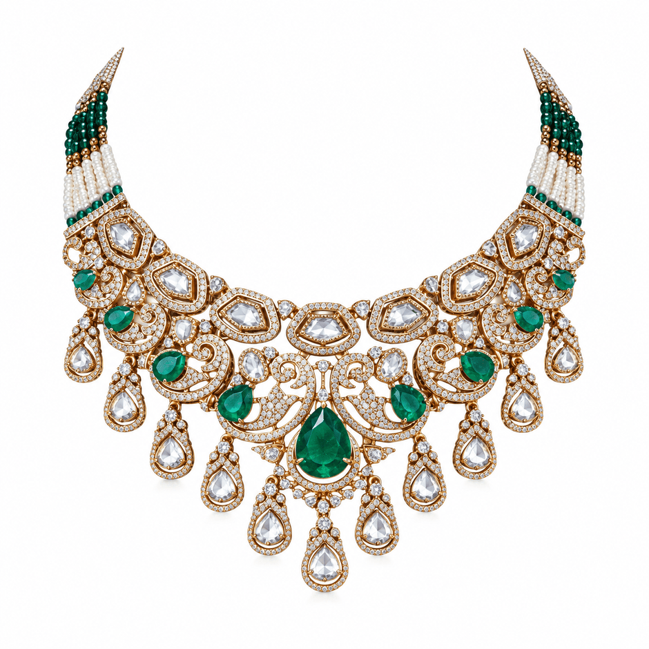 Bhavmayi gold-tone traditional choker necklace with a central green teardrop stone, white accents and ornate hanging motifs - bhavmayi
