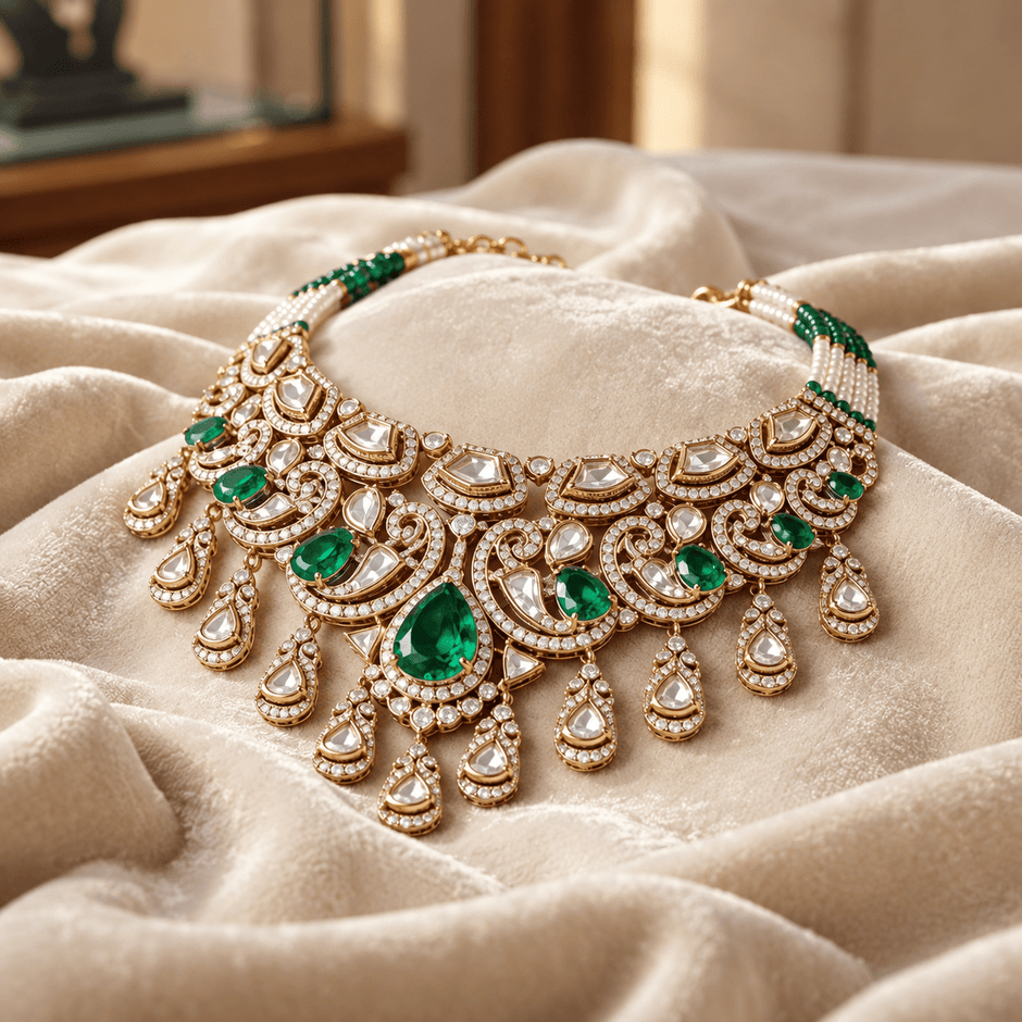Bhavmayi gold-tone traditional choker necklace with a central green teardrop stone, white accents and ornate hanging motifs - bhavmayi