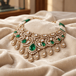 Bhavmayi gold-tone traditional choker necklace with a central green teardrop stone, white accents and ornate hanging motifs - bhavmayi