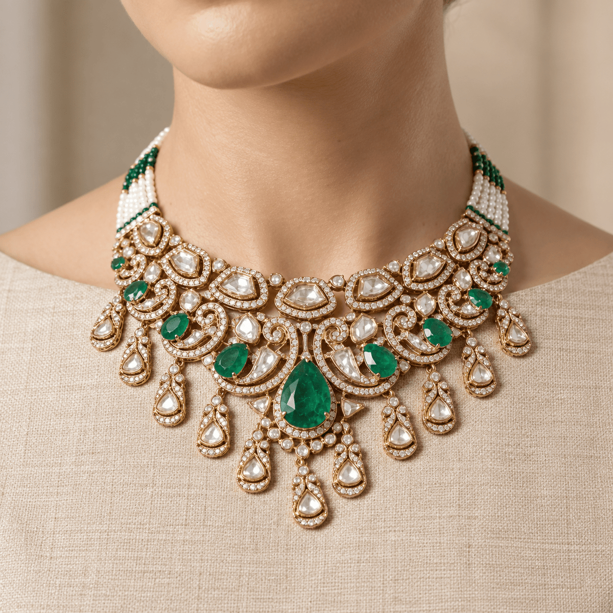 Bhavmayi gold-tone traditional choker necklace with a central green teardrop stone, white accents and ornate hanging motifs - bhavmayi