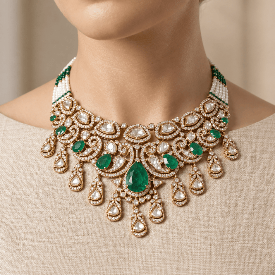 Bhavmayi gold-tone traditional choker necklace with a central green teardrop stone, white accents and ornate hanging motifs - bhavmayi