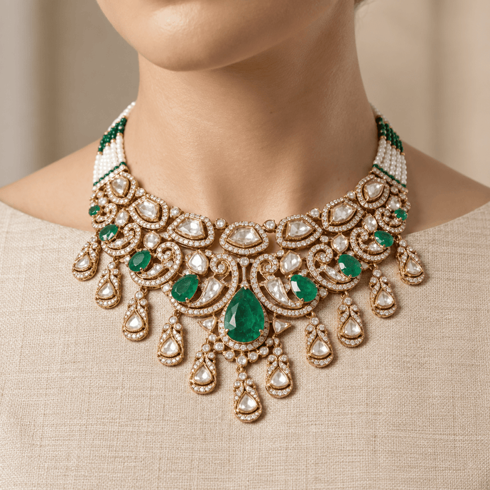Bhavmayi gold-tone traditional choker necklace with a central green teardrop stone, white accents and ornate hanging motifs - bhavmayi