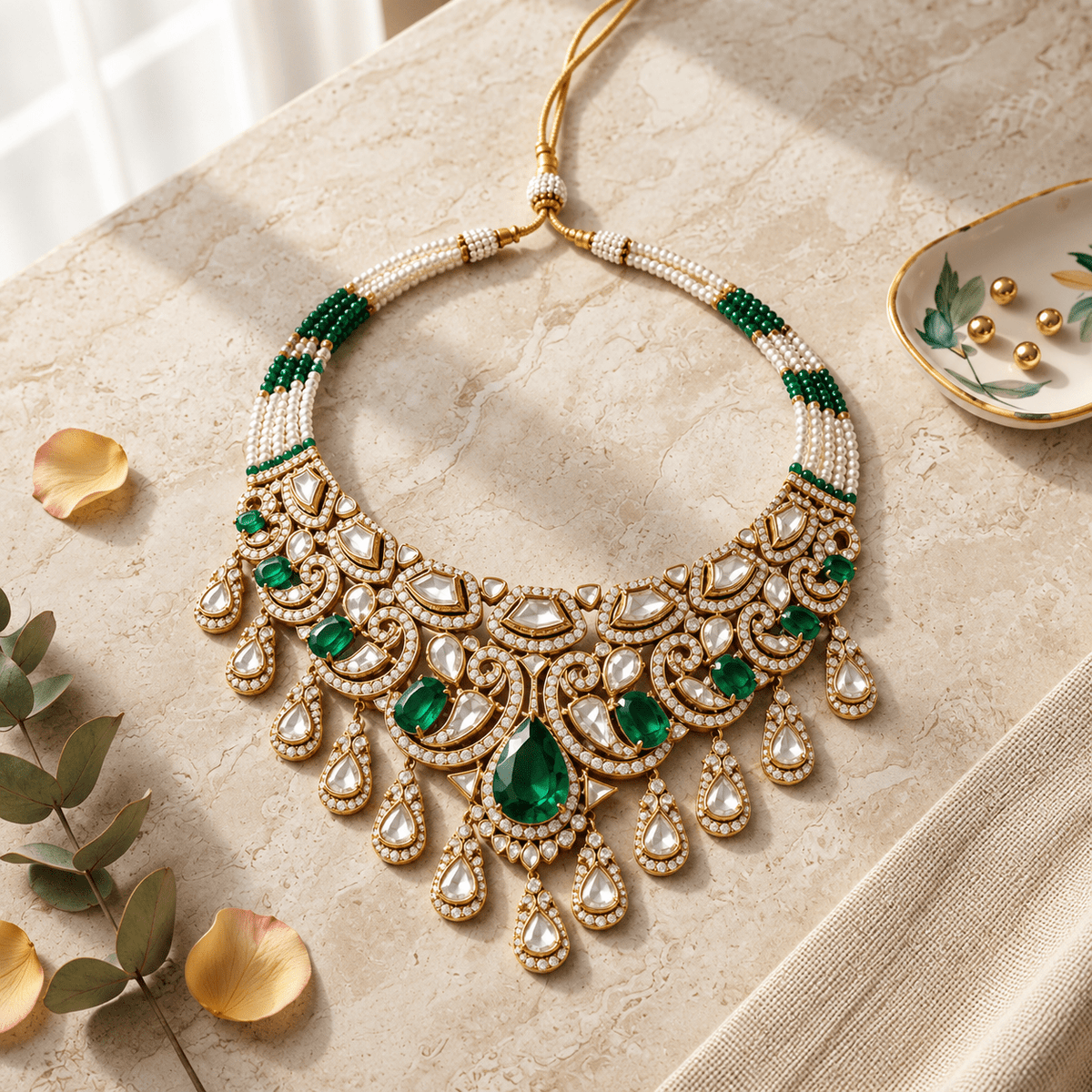 Bhavmayi gold-tone traditional choker necklace with a central green teardrop stone, white accents and ornate hanging motifs - bhavmayi