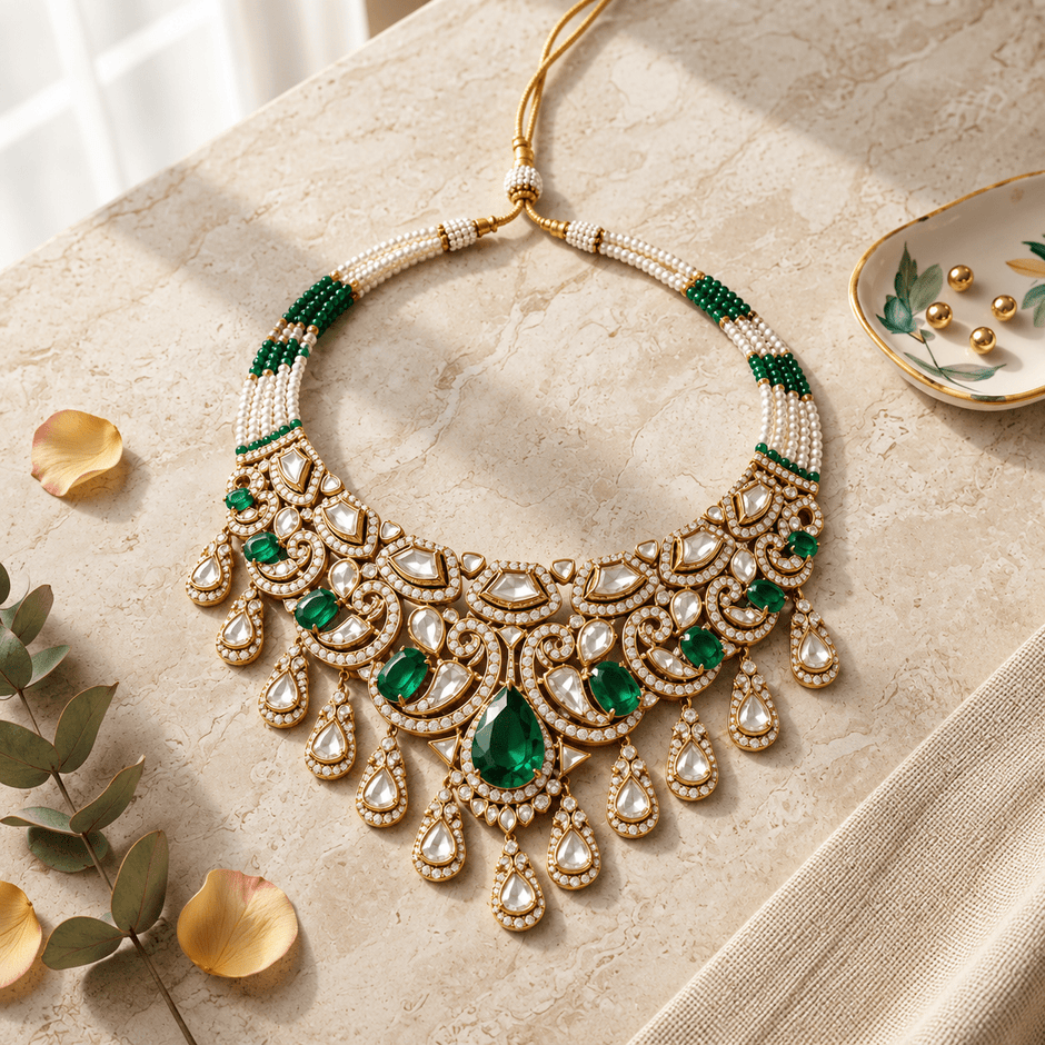 Bhavmayi gold-tone traditional choker necklace with a central green teardrop stone, white accents and ornate hanging motifs - bhavmayi