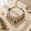 Bhavmayi gold-tone traditional choker necklace with a central green teardrop stone, white accents and ornate hanging motifs - bhavmayi