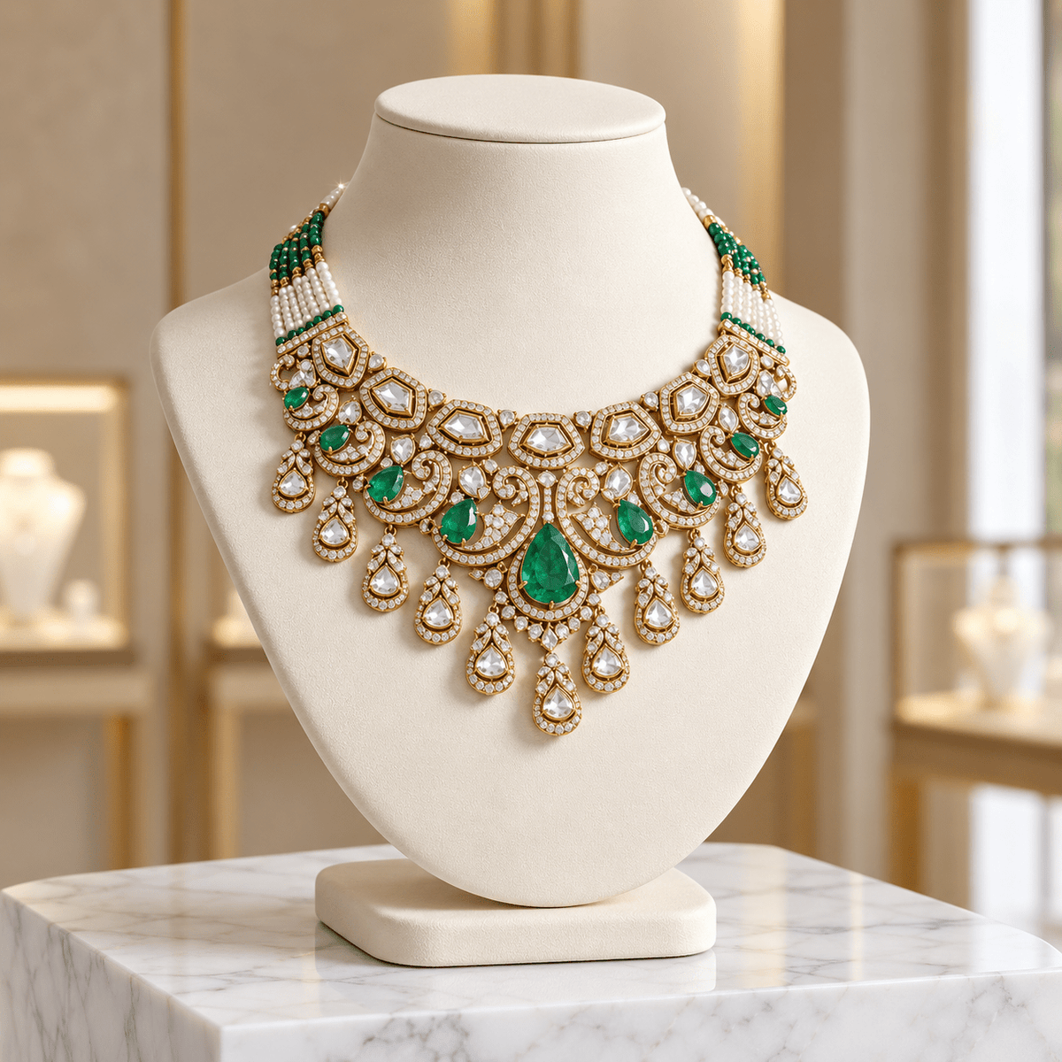 Bhavmayi gold-tone traditional choker necklace with a central green teardrop stone, white accents and ornate hanging motifs - bhavmayi