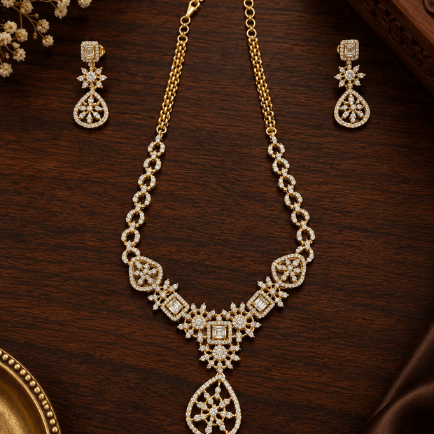 Bhavmayi Golden Crystal Necklace & Matching Drop Earrings Set - bhavmayi
