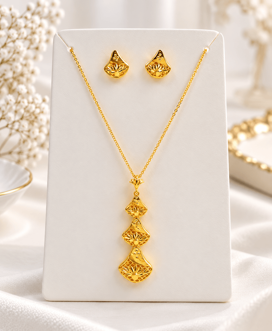 Bhavmayi Golden Floral Teardrop Necklace & Earrings Set - bhavmayi