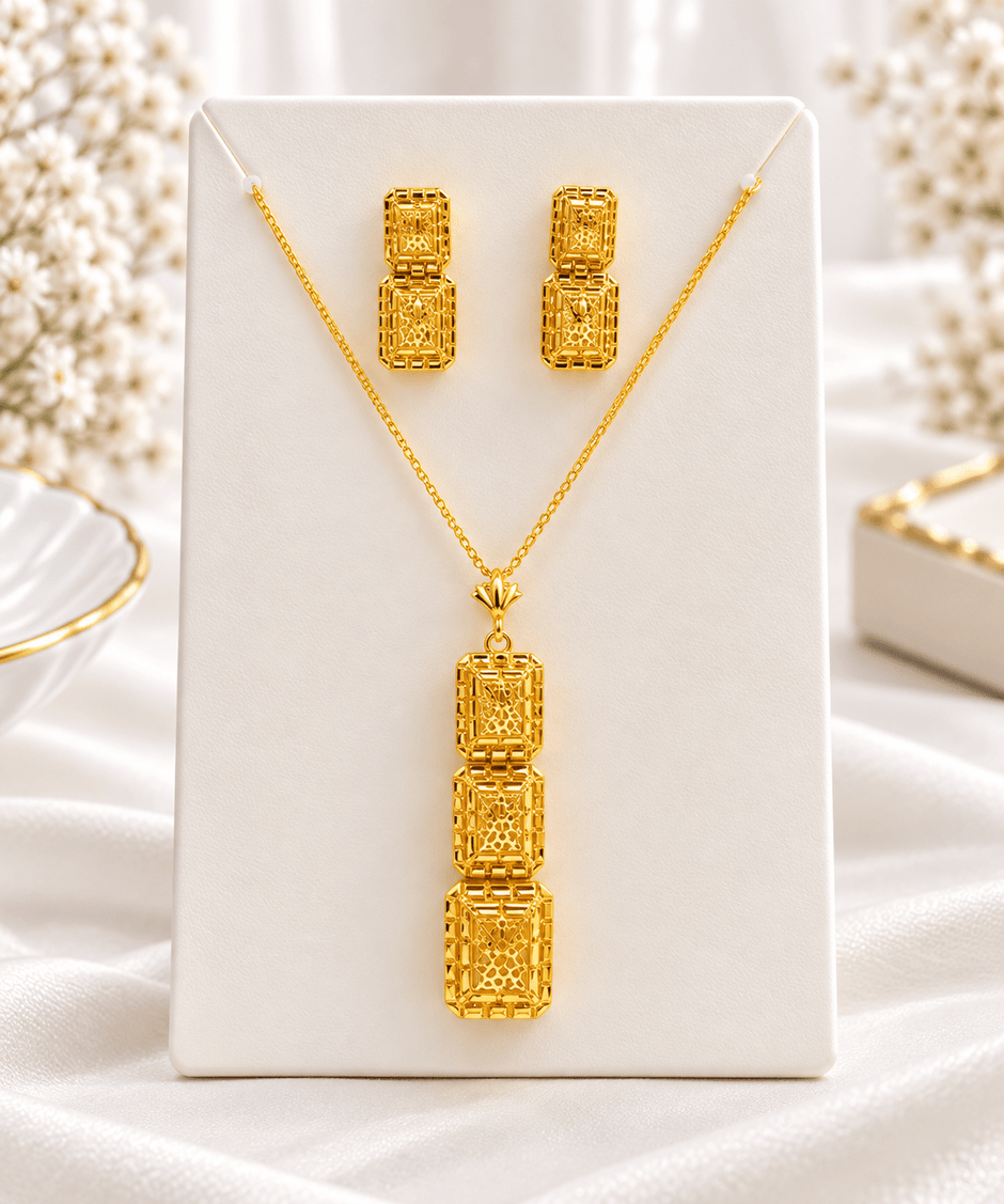 Bhavmayi Golden Geometric Rectangle Necklace & Earrings Set - bhavmayi