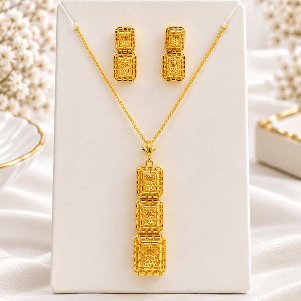 Bhavmayi Golden Geometric Rectangle Necklace & Earrings Set - bhavmayi