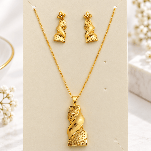 Bhavmayi Golden Leaf Twist Pendant Necklace & Earrings Set - bhavmayi
